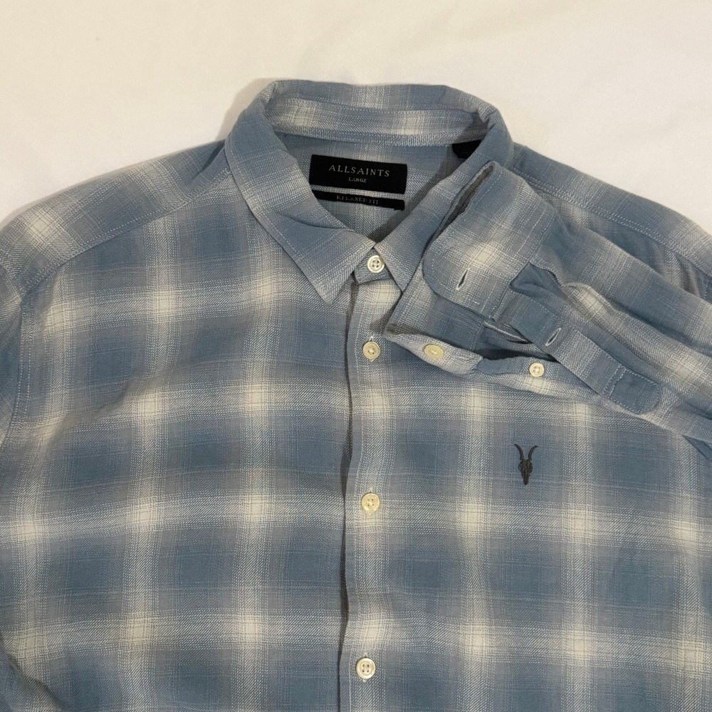 AllSaints Portola LS Shirt Mens Large Blue White Plaid Relaxed Fit MS222Z